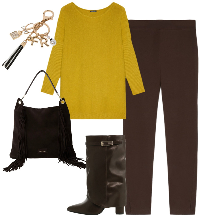 Outfit donna - City. Stile Casual chic per Tutti i giorni. Abbinamento con borse a spalla, stivali, leggings, maglieria, portachiavi.