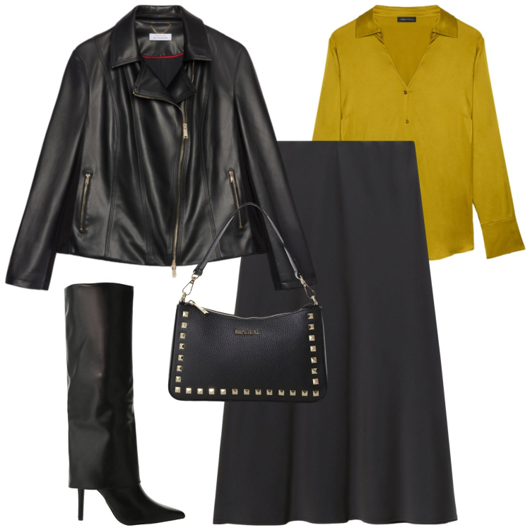 Outfit donna - City. Stile Urban per Tutti i giorni. Abbinamento con gonne longuette, stivali, pochette, giacche, camicie.
