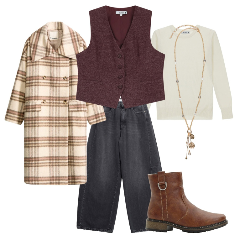 Outfit donna - Con il Gilet autunnale. Stile Trendy per Tutti i giorni. Abbinamento con cappotti, stivaletti, maglieria, jeans, gilet, ciondoli.