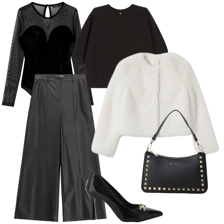 Outfit donna - Con i pantaloni in simil pelle. Stile Glamour per Serata fuori. Abbinamento con pantaloni, ecopellicce, body, pochette, décolleté, maglieria.