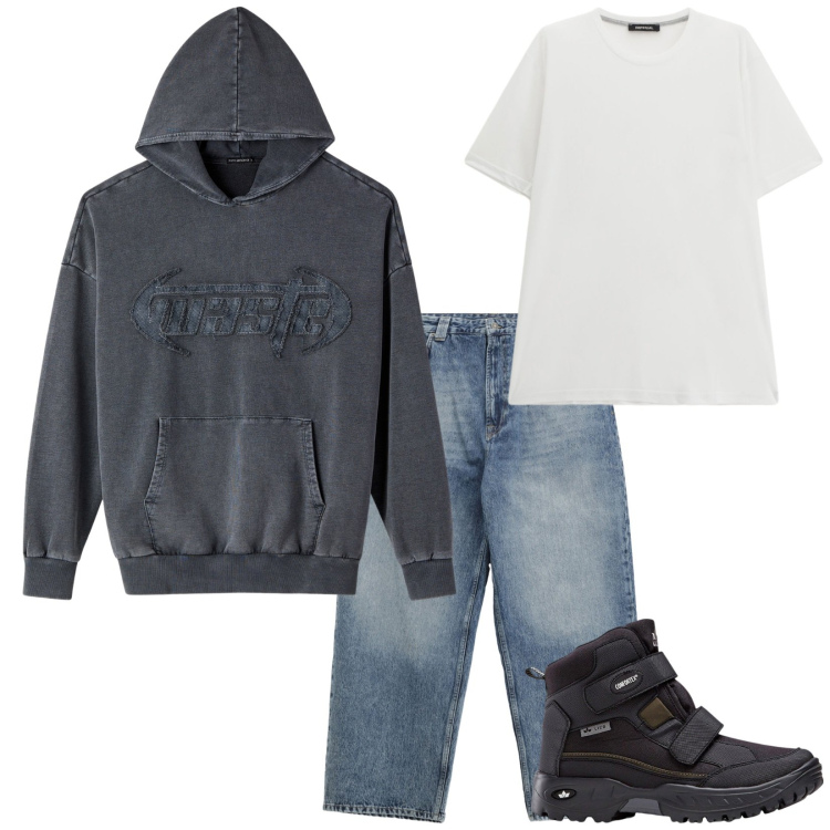 Outfit uomo - Total look #2294961. Stile Urban per Tutti i giorni. Abbinamento con stivali e stivaletti, felpe con cappuccio, jeans, t-shirt.