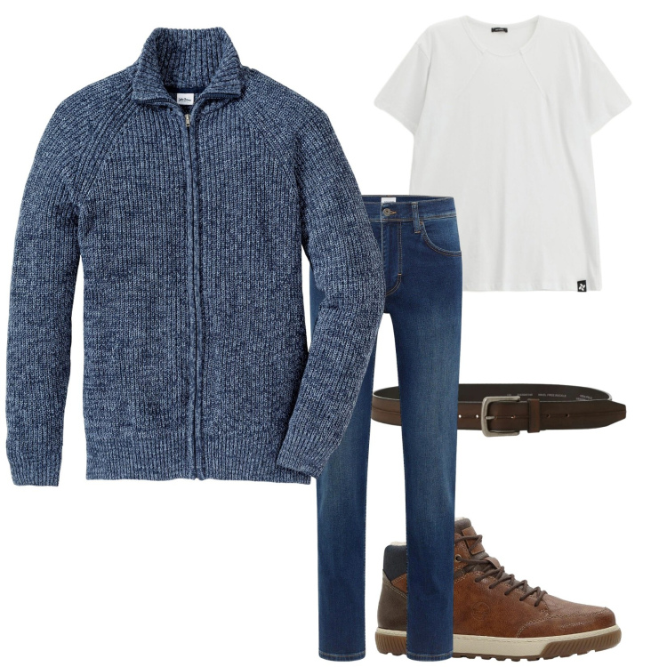 Outfit uomo - Il cardigan a coste. Stile Casual per Tutti i giorni. Abbinamento con sneakers alte, cardigans, jeans dritti, cinture, t-shirt.