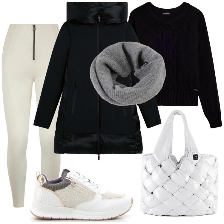 Outfit donna - Look all days. Stile Casual chic per Tutti i giorni. Abbinamento con eskimo, pantaloni skinny, maglieria, borse tote, scaldacollo, sneakers alte.