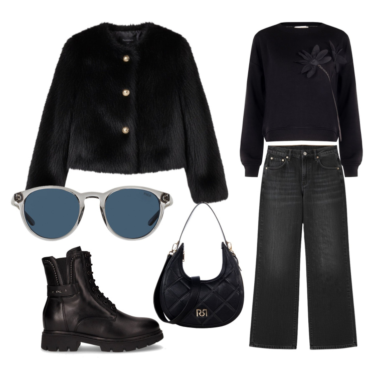 Outfit donna - A cena con le amiche. Stile Casual chic per Serata fuori. Abbinamento con felpe, pantaloni, ecopellicce, borse a tracolla, occhiali da sole, anfibi.