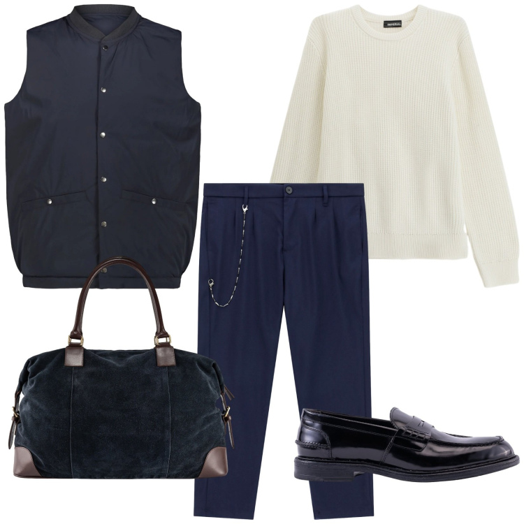 Outfit uomo - In ufficio casual chic. Stile Trendy per Ufficio. Abbinamento con pantaloni, maglieria, borse sportive, scarpe stringate, piumini.