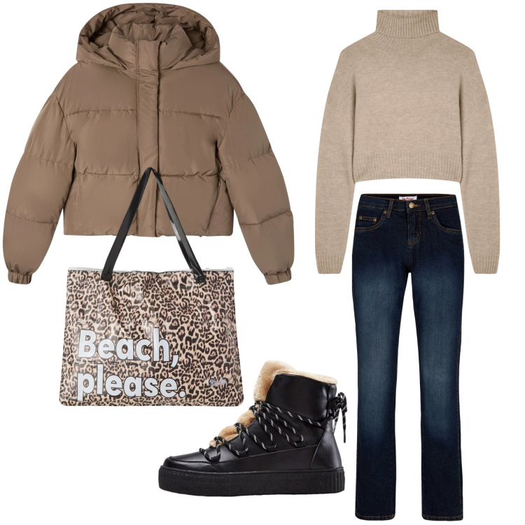 Outfit donna - Cozy Practical fun chic après-ski. Stile Casual chic per Tutti i giorni. Abbinamento con jeans dritti, sneakers alte, borse tote, maglieria, bomber.