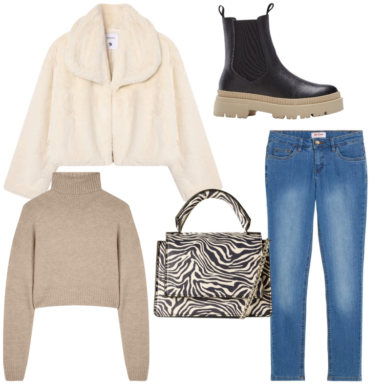 Outfit donna - Jeans d \' inverno. Stile Casual chic per Tutti i giorni. Abbinamento con stivaletti chelsea, jeans skinny, maglieria, ecopellicce, borse a tracolla.