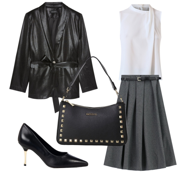 Outfit donna - In riunione con il boss. Stile Chic per Ufficio. Abbinamento con top, décolleté, gonne lunghe, pochette, blazer.