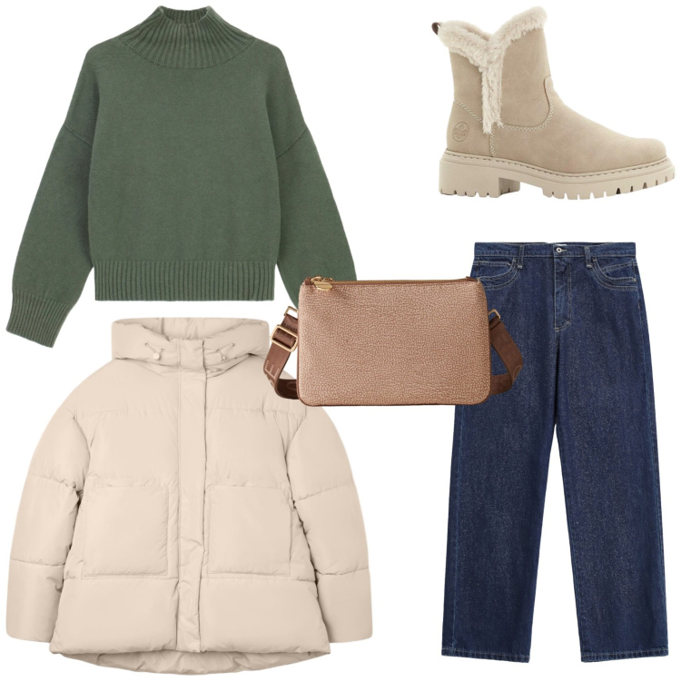 Outfit donna - Jeans d\' inverno in città. Stile Urban per Tutti i giorni. Abbinamento con stivaletti, jeans dritti, bomber, maglieria, borse a tracolla.