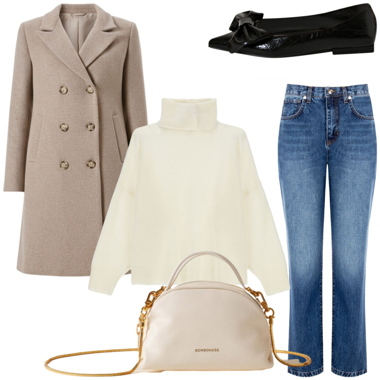 Outfit donna - Eleganza in jeans. Stile Casual chic per Ufficio. Abbinamento con cappotti, jeans boyfriend, ballerine, maglieria, borse a mano.