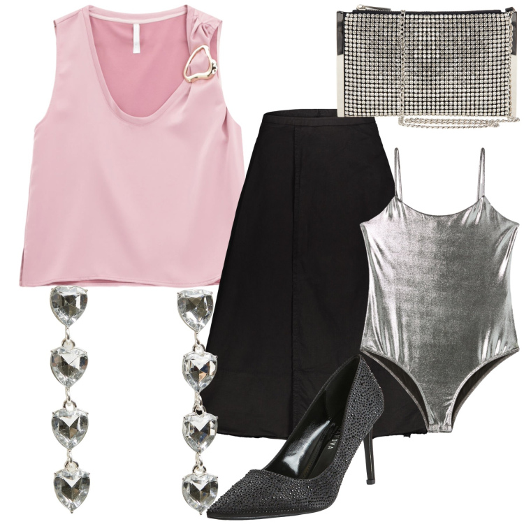 Outfit donna - A touch of pink with love. Stile Romantica per Serata fuori. Abbinamento con pochette, décolleté, orecchini, body, tuta corta, gonne lunghe.