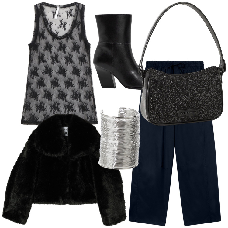 Outfit donna - Cascata di luce sul nero. Stile Chic per Serata fuori. Abbinamento con borse a mano, stivaletti, pantaloni, ecopellicce, canottiere, braccialetti.
