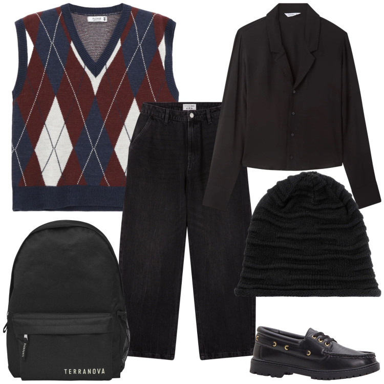 Outfit donna - Un po’ mannish glam. Stile Mannish per Ufficio. Abbinamento con berretti, mocassini, gilet, camicie, zaini, jeans.