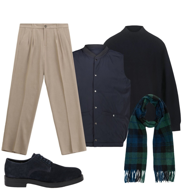 Outfit uomo - Per oggi outfit blu navy. Stile Trendy per Tutti i giorni. Abbinamento con pantaloni, scarpe stringate, sciarpe, piumini, maglieria.