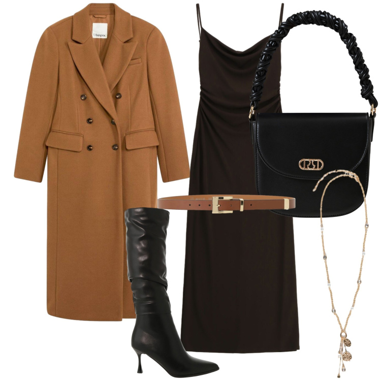 Outfit donna - Un cappotto per la mia serata. Stile Chic per Serata fuori. Abbinamento con cappotti, vestiti, borse a mano, stivali sopra il ginocchio, cinture, ciondoli.