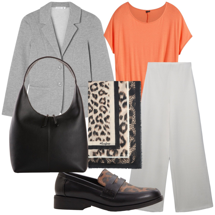 Outfit donna - Arancione per l ufficio. Stile Urban per Ufficio. Abbinamento con bluse, shopping bag, mocassini, pantaloni, blazer, foulard.