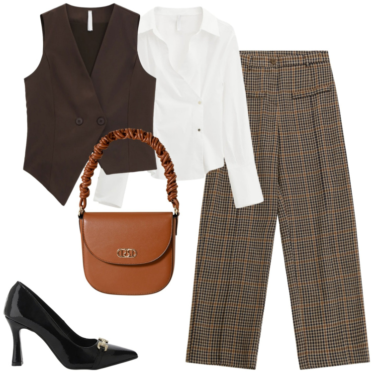 Outfit donna - City. Stile Trendy per Tutti i giorni. Abbinamento con borse a mano, pantaloni a palazzo, camicie, gilet, décolleté.