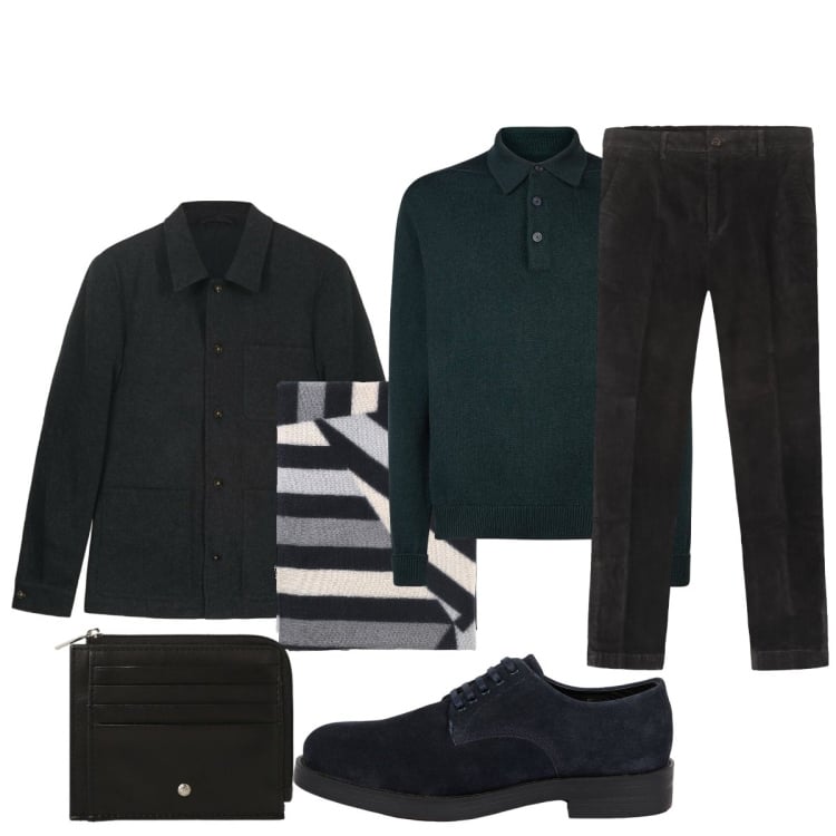 Outfit uomo - Total look #2294992. Stile Urban per Tutti i giorni. Abbinamento con sciarpe, portafogli, cappotti, scarpe stringate, polo, pantaloni.