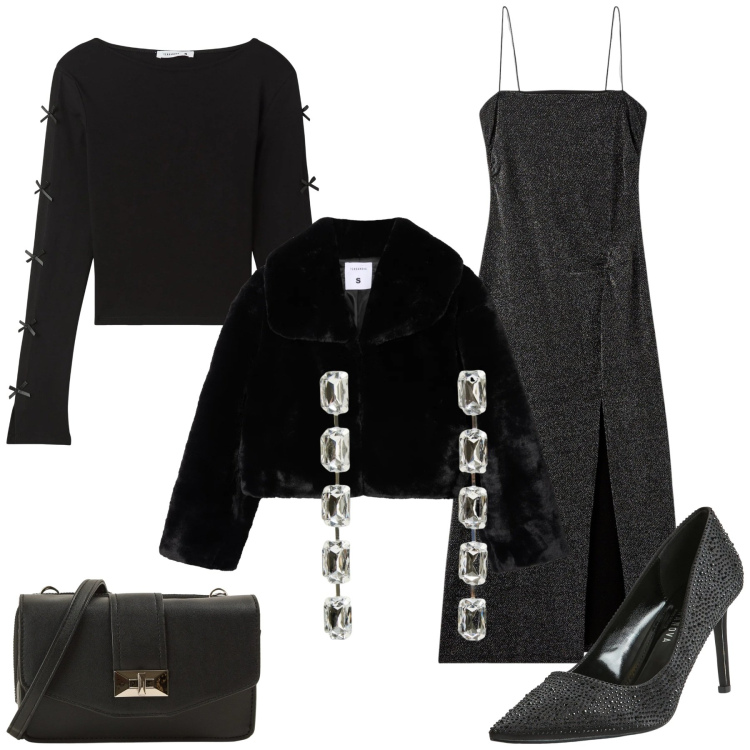 Outfit donna - Terranova - Black Friday 2025. Stile Chic per Serata fuori. Abbinamento con t-shirt, vestiti lunghi, décolleté, borse a tracolla, ecopellicce, orecchini.