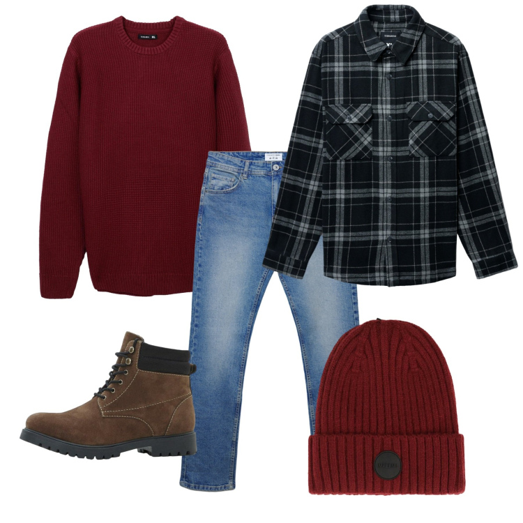 Outfit uomo - Molto casual. Stile Casual per Tutti i giorni. Abbinamento con stivali e stivaletti, cappotti, maglieria, jeans dritti, berretti.