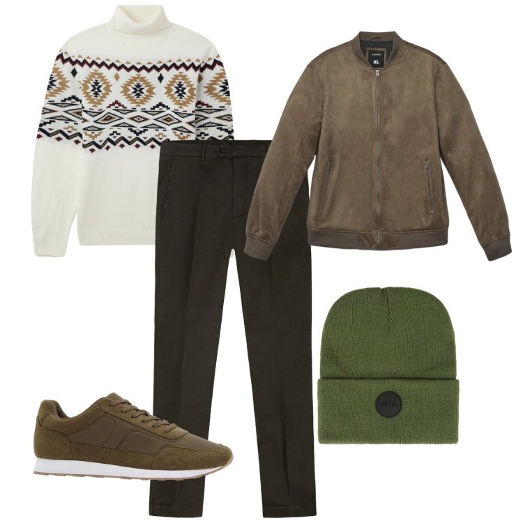 Outfit uomo - Inverno al caldo. Stile Casual per Tutti i giorni. Abbinamento con sneakers, maglieria, giacche, berretti, pantaloni chino.