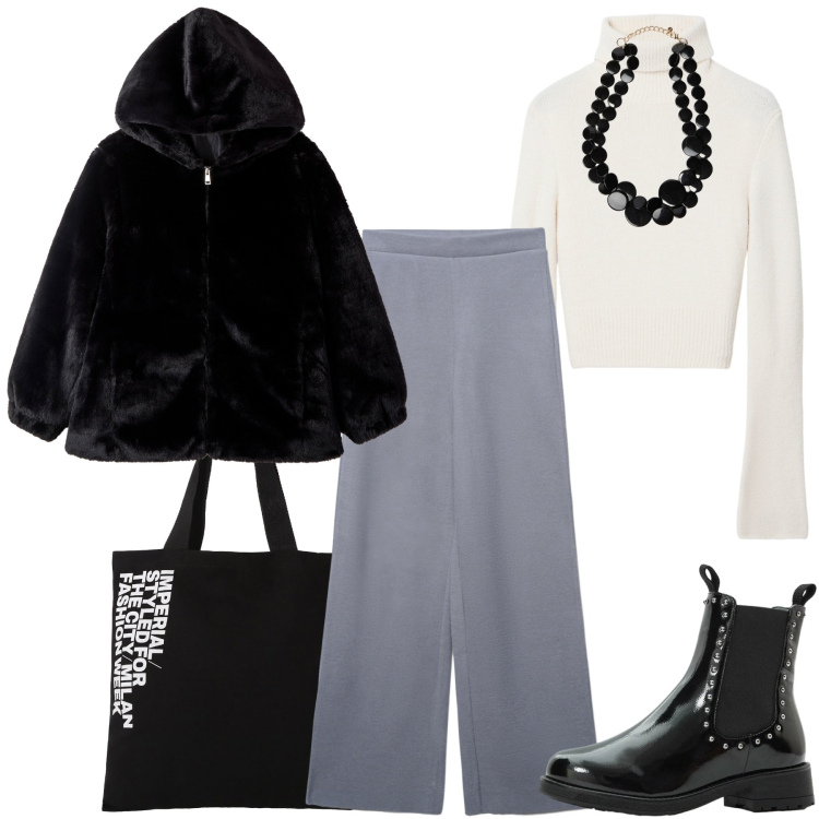 Outfit donna - Giornata in città. Stile Casual per Tutti i giorni. Abbinamento con stivaletti chelsea, maglieria, pantaloni, ecopellicce, shopping bag, collane.