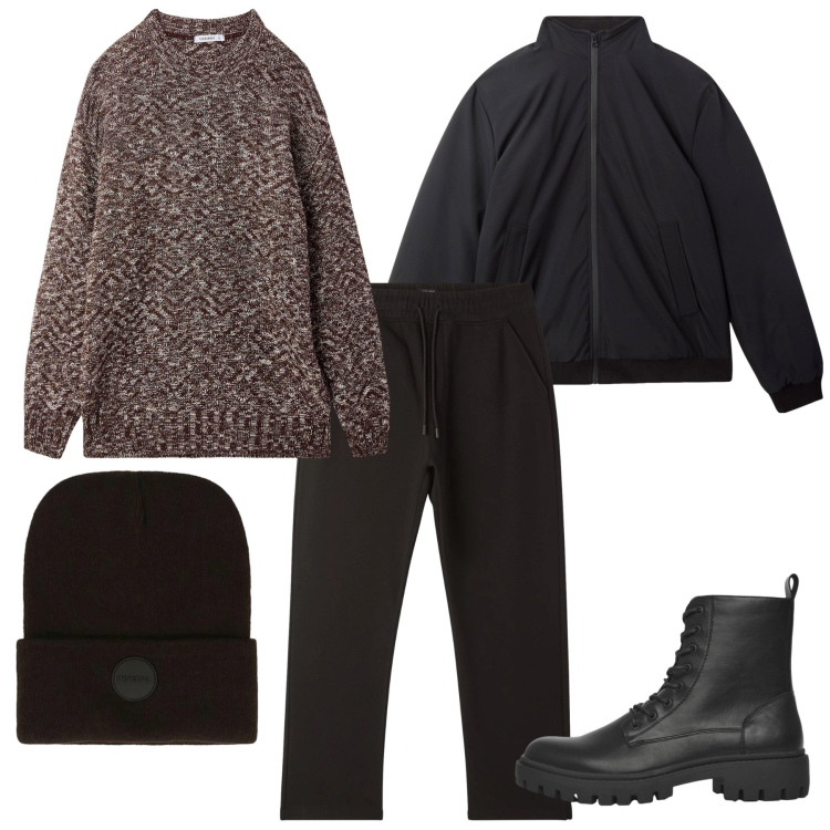 Outfit uomo - Extra large. Stile Urban per Tutti i giorni. Abbinamento con giacche, maglieria, anfibi, pantaloni, berretti.