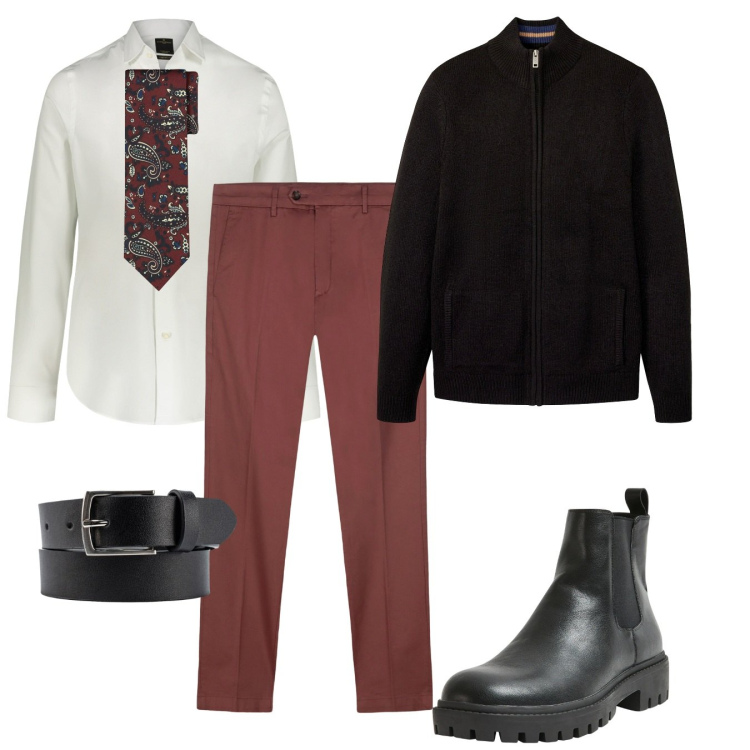 Outfit uomo - Cravatta e cardigan. Stile Casual per Tutti i giorni. Abbinamento con cardigans, stivali e stivaletti, camicie, pantaloni chino, cravatte, cinture.