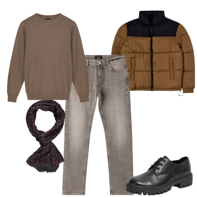 Outfit uomo - Un foulard con i jeans. Stile Casual per Tutti i giorni. Abbinamento con bomber, scarpe stringate, jeans, maglieria, sciarpe.