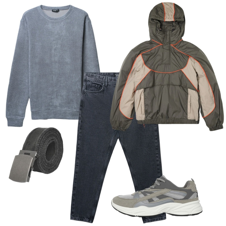 Outfit uomo - In città. Stile Casual per Tutti i giorni. Abbinamento con giacche, sneakers, cinture, jeans strappati, maglieria.