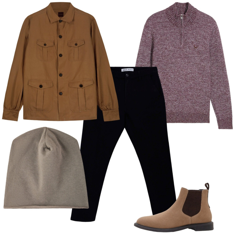 Outfit uomo - Il melange. Stile Casual per Tutti i giorni. Abbinamento con stivali e stivaletti, maglieria, pantaloni chino, berretti, cappotti.