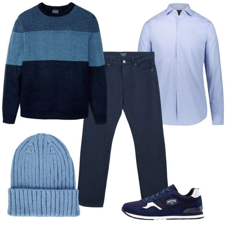 Outfit uomo - Blu e bluette. Stile Casual per Tutti i giorni. Abbinamento con maglieria, sneakers, jeans dritti, camicie, berretti.