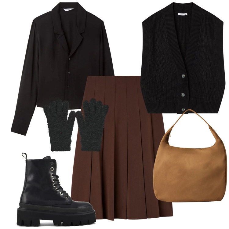 Outfit donna - Terranova - Black Friday 2025. Stile Bon Ton per Tutti i giorni. Abbinamento con gonne lunghe, maglieria, borse a mano, camicie, guanti, anfibi.