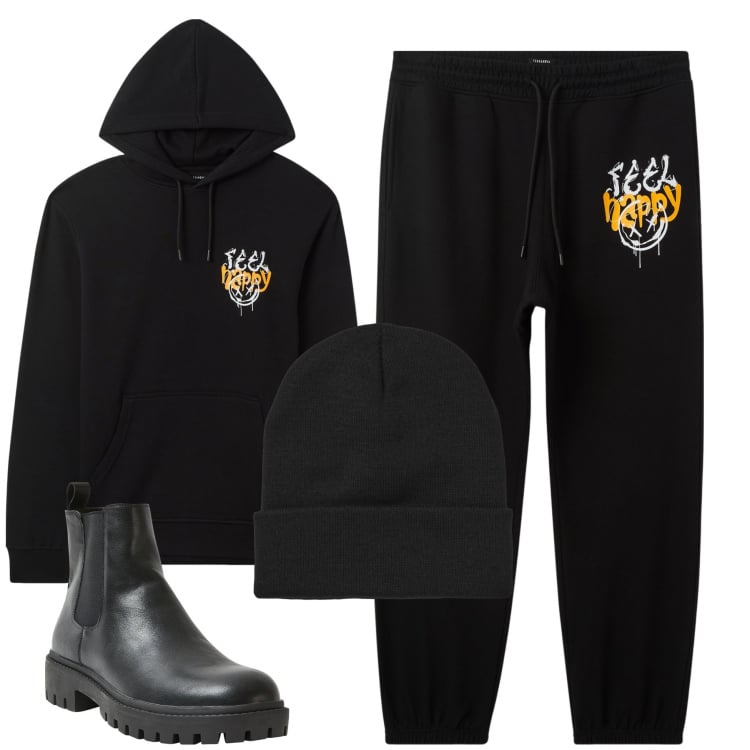 Outfit uomo - Total look #2295019. Stile Urban per Tutti i giorni. Abbinamento con stivali e stivaletti, felpe con cappuccio, pantaloni, berretti.