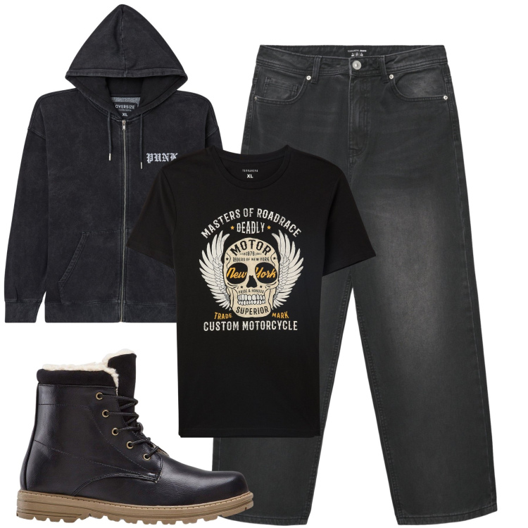 Outfit uomo - Total look #2295021. Stile Urban per Tutti i giorni. Abbinamento con stivali e stivaletti, t-shirt, felpe con cappuccio, jeans dritti.