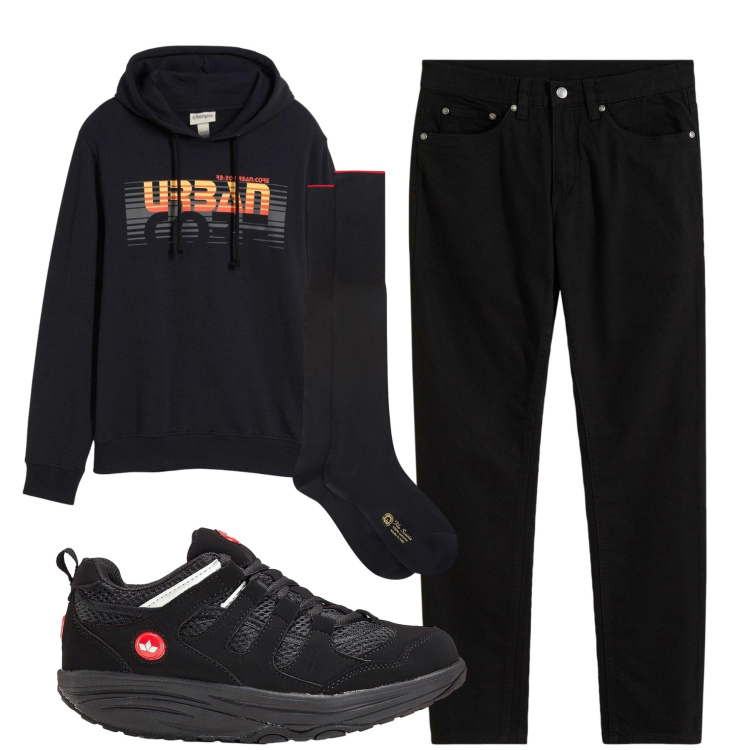Outfit uomo - Total look #2295023. Stile Casual per Tutti i giorni. Abbinamento con jeans slim fit, felpe con cappuccio, sneakers, calzini.