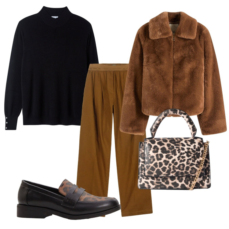 Outfit donna - Giornata in città - Focus Donna Curvy It. Stile Bon Ton per Tutti i giorni. Abbinamento con ecopellicce, mocassini, borse a tracolla, pullovers, pantaloni.