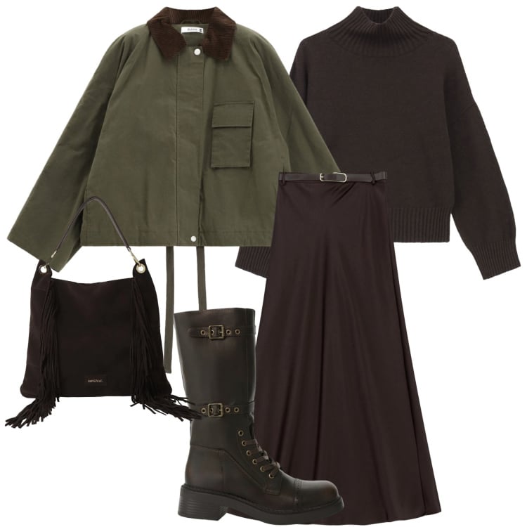 Outfit donna - Urban style. Stile Urban per Tutti i giorni. Abbinamento con parka, gonne lunghe, borse a spalla, stivali, maglieria.
