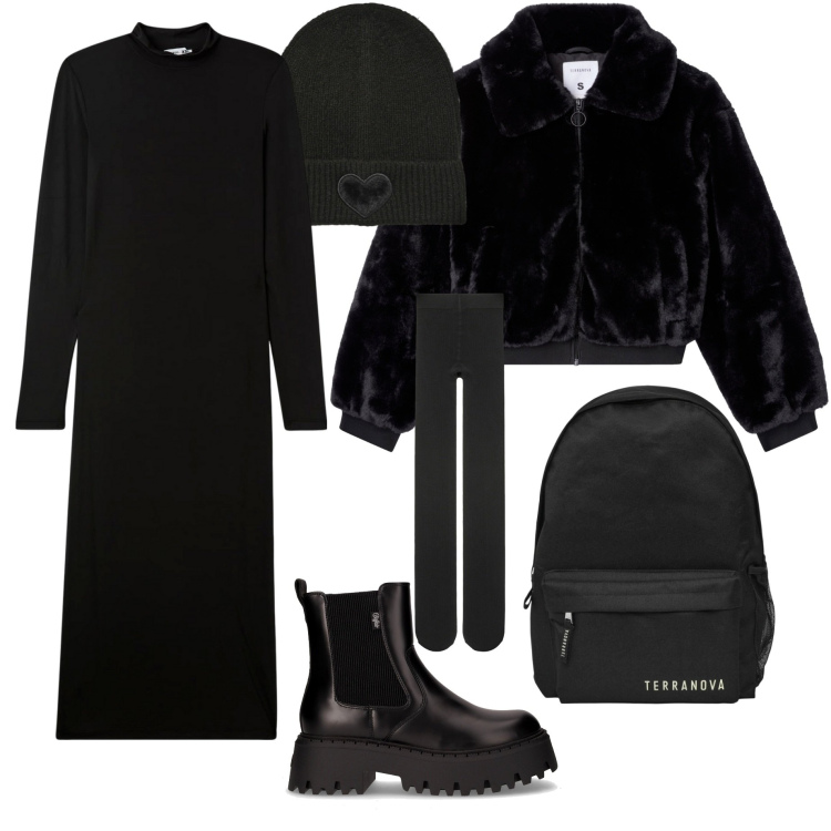 Outfit donna - Fuori casa in total black. Stile Casual per Scuola/Università. Abbinamento con zaini, ecopellicce, collant, berretti, vestiti lunghi, stivaletti chelsea.