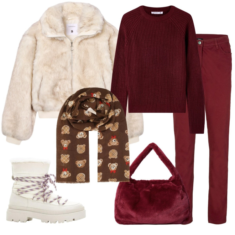 Outfit donna - Total look #2295050. Stile Casual per Tutti i giorni. Abbinamento con stivali da neve, pantaloni, foulard, maglieria, ecopellicce, borse a spalla.