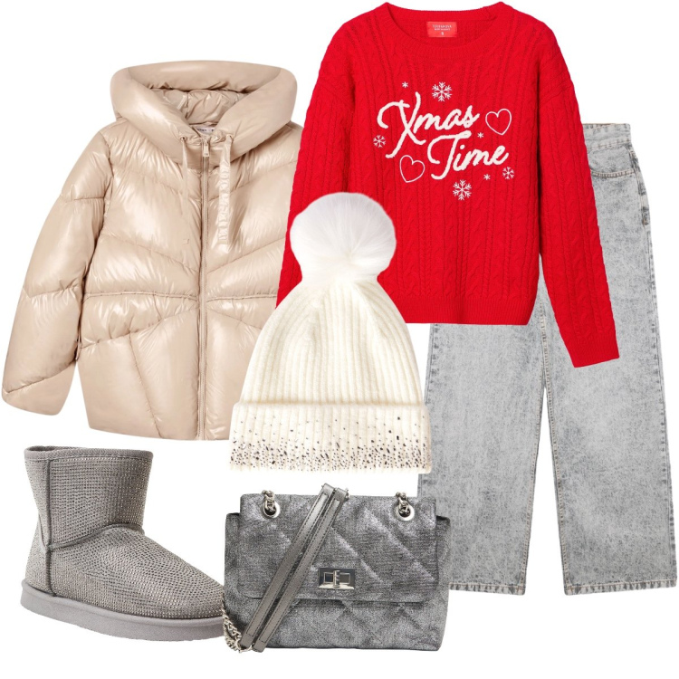 Outfit donna - Natale nel cuore. Stile Casual per Tutti i giorni. Abbinamento con maglieria, giacche, borse a tracolla, stivali, jeans boyfriend, berretti.