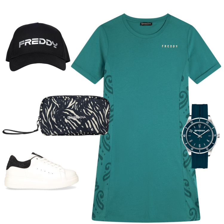 Outfit donna - Casual-chic. Stile Sporty chic per Tutti i giorni. Abbinamento con cappelli, valigie, vestiti midi/longuette, orologi, sneakers.