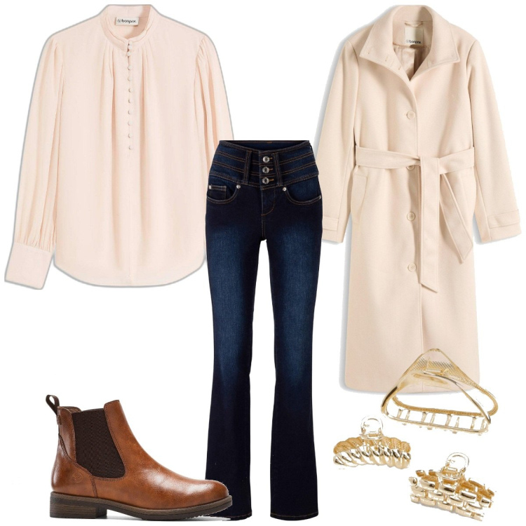 Outfit femme - Un foulard doré. Style Tendance pour Tous les jours. Assortir avec jean bootcut, boots, manteaux, chemisiers, accessoires pour cheveux.