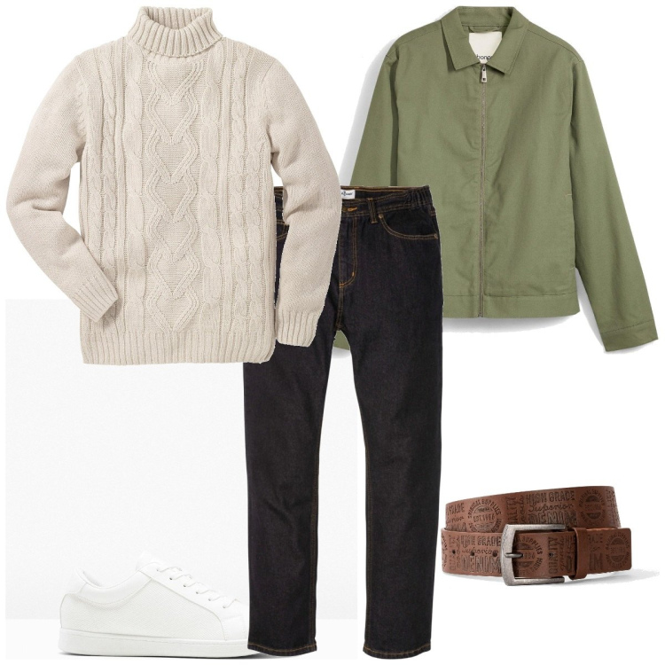 Outfit homme - Pull col roulé. Style Tendance pour Tous les jours. Assortir avec vestes, pulls, ceintures, jean coupe droite, sneakers.
