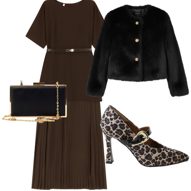 Outfit donna - Sicura di sè. Stile Chic per Serata fuori. Abbinamento con pochette, ecopellicce, décolleté, vestiti lunghi.