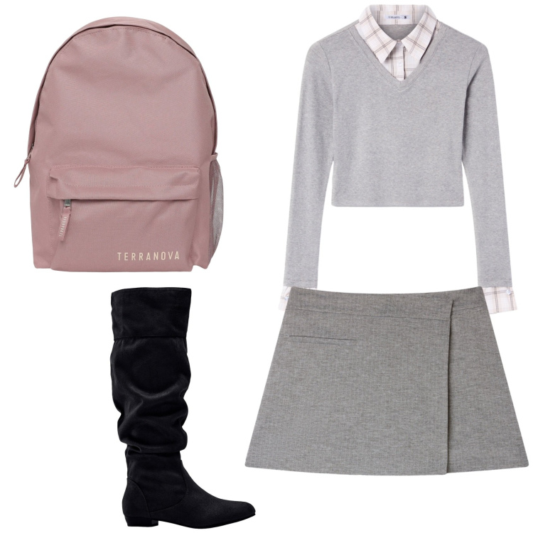 Outfit donna - Giornata all\'universita\'. Stile Mannish per Scuola/Università. Abbinamento con stivali, zaini, gonne, maglieria.