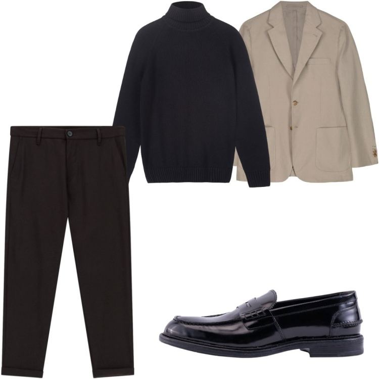 Outfit uomo - Il maglione a collo alto : in marrone. Stile Casual per Ufficio. Abbinamento con pantaloni, giacche, scarpe stringate, pullovers.