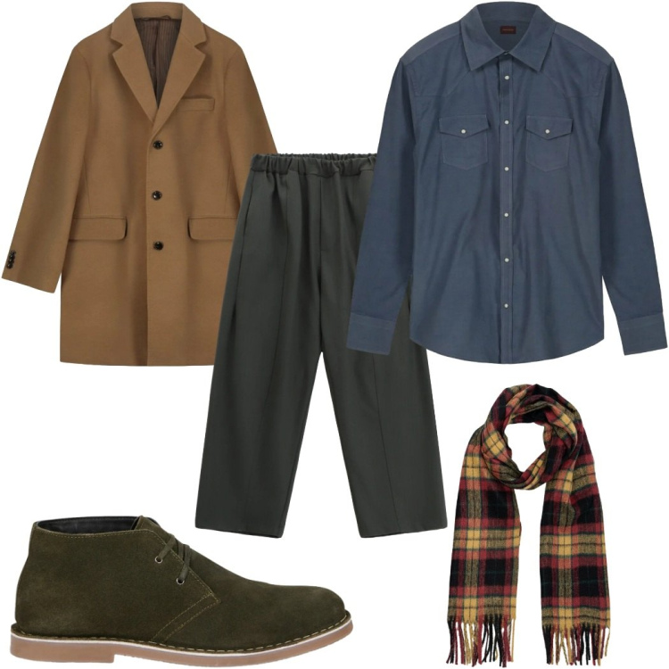 Outfit uomo - Passeggiata sotto la pioggia con la scia. Stile Casual per Tutti i giorni. Abbinamento con pantaloni, stivali e stivaletti, sciarpe, cappotti, camicie.