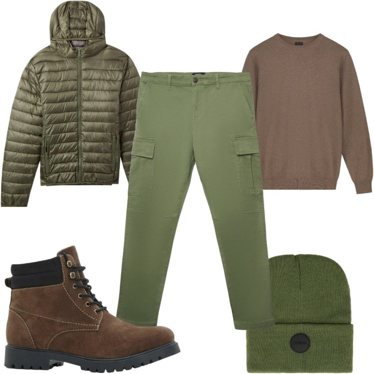 Outfit uomo - Passeggiata sotto la pioggia in verde. Stile Trendy per Tutti i giorni. Abbinamento con stivali e stivaletti, piumini, pantaloni cargo, berretti, maglieria.
