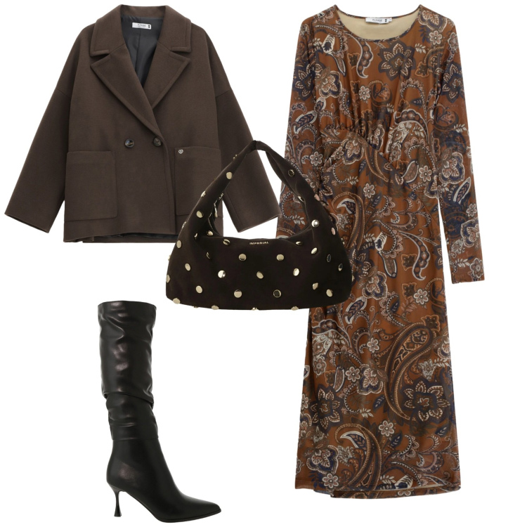 Outfit donna - Evento serata. Stile Casual chic per Tutti i giorni. Abbinamento con vestiti midi/longuette, cappotti, stivali sopra il ginocchio, borse a spalla.